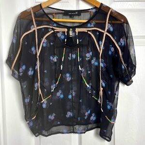 Isabel Marant Sheer Silk Floral Blouse Size 0 Black Embroidered Trim Boho